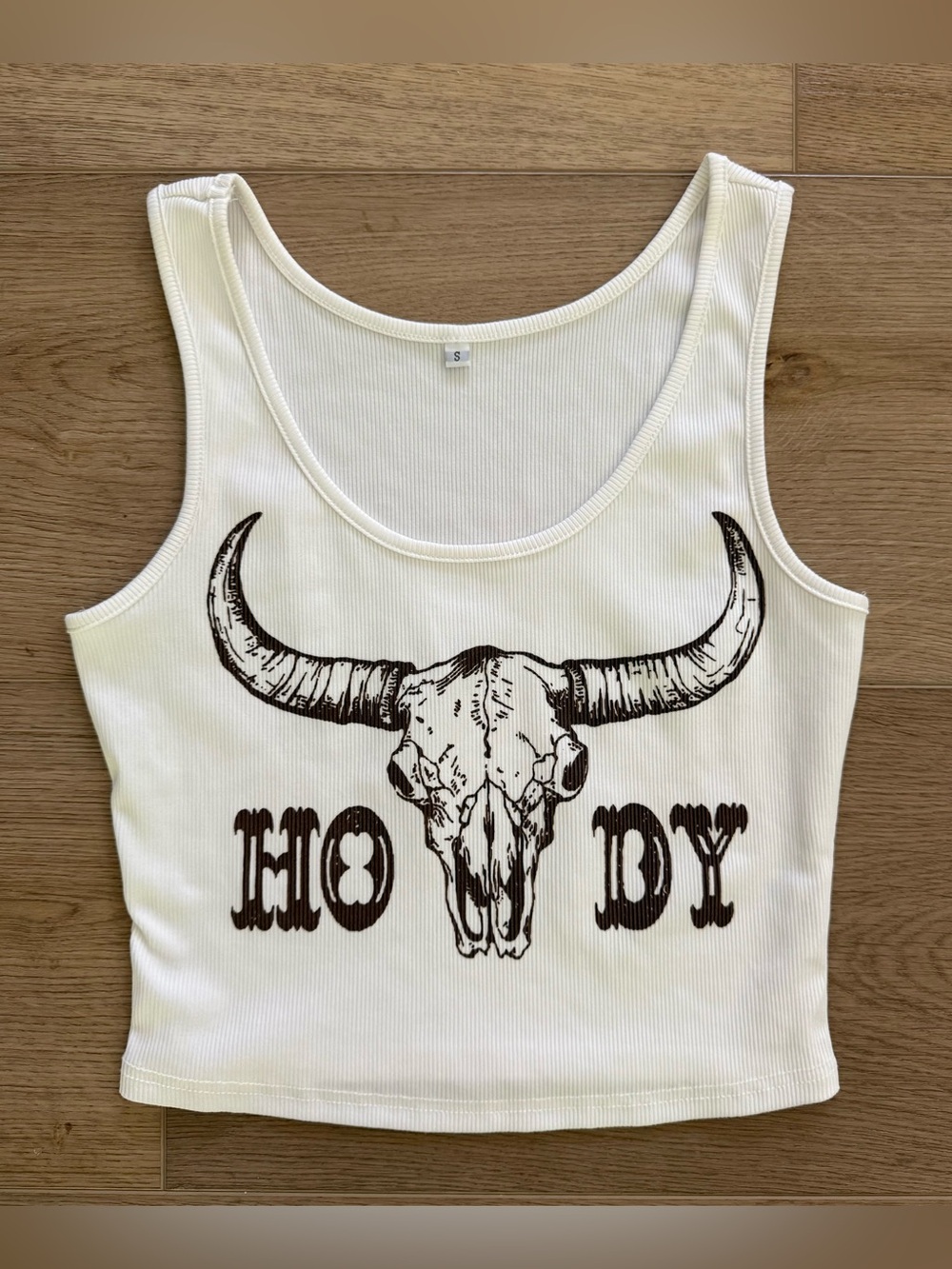 Western Howdy Longhorn Skull Ribbed Crop Tank Top White Size S